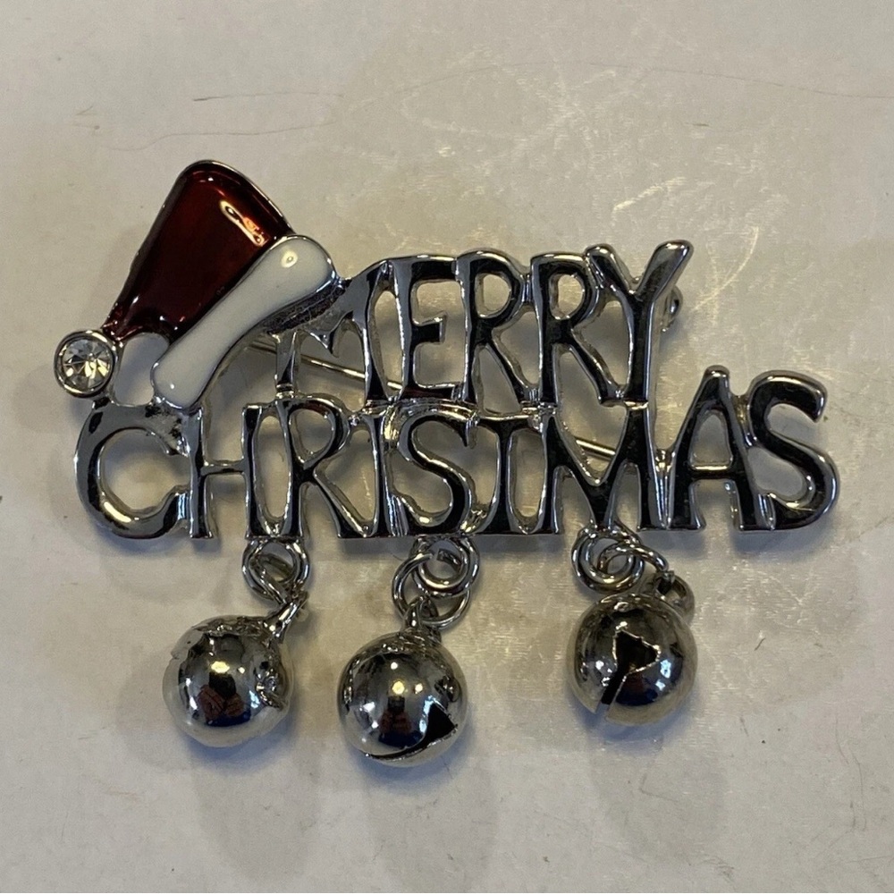 Vintage Silver 'Merry Christmas' Pin with Red Santa Hat & Jingle Bells Preloved